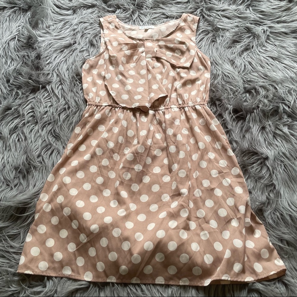 Love Fire Tan White Polka Dot Bow Boutique Dress Size Large
